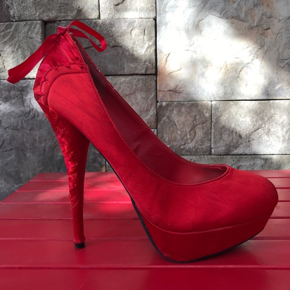 JustFab Shoes - Red 6 inch pumps with corset lace up detail